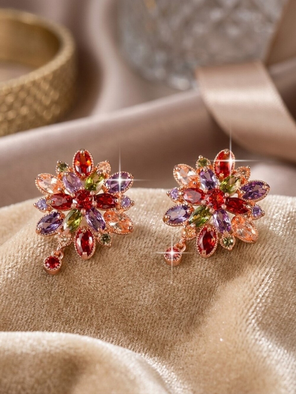 Luxury Flower Cubic Zirconia Drop Earrings Multicolor
